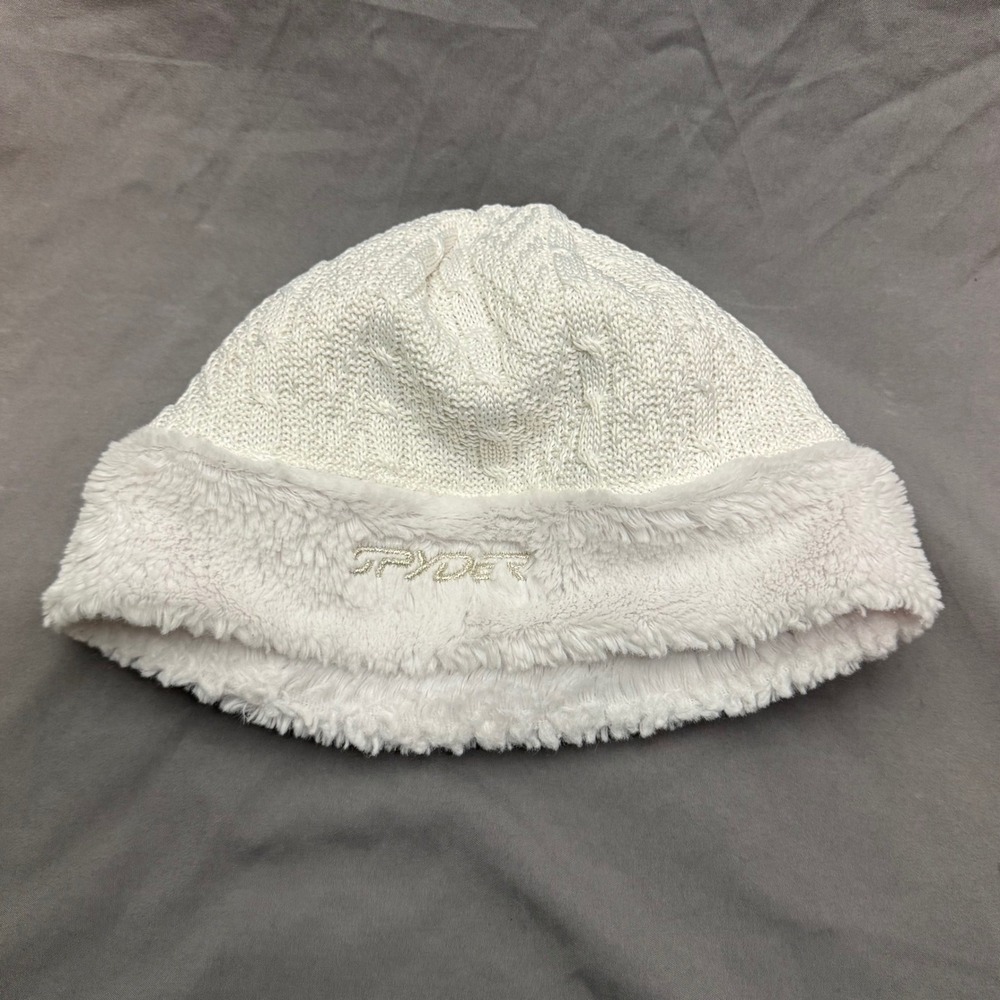 Spyder Cable Knit Beanie Women One Size White NWOT Faux Fur Trim Y2K Ski Hat